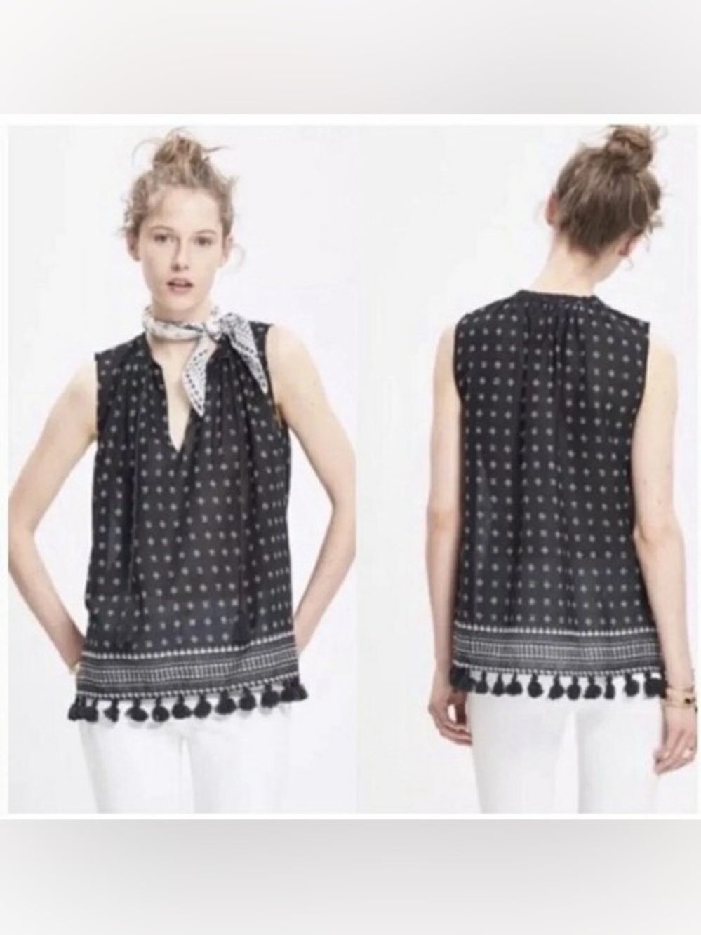 Madewell Black and White Polka Dot Tassel-Hem Tie-Neck Sleeveless Top